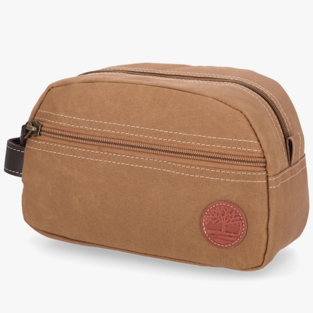 Timberland Men's Canvas Travel Kit toiletry bag organizer in khaki/brown.
